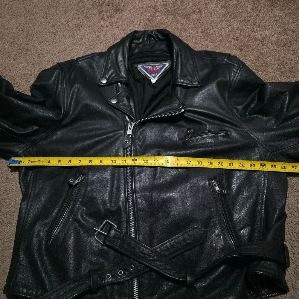 Vintage MOB Black Leather Motorcycle Jacket Mens 52 Biker Moto Riding Heavy Belt